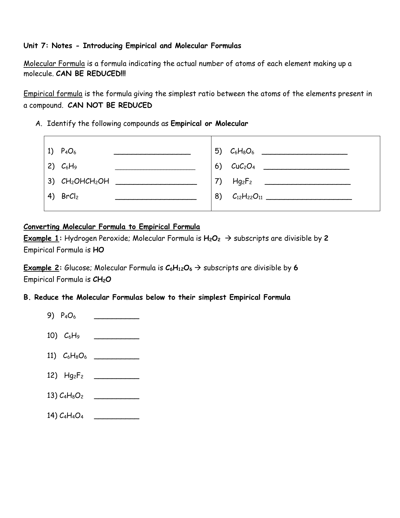 Empirical Formulas Worksheet 1