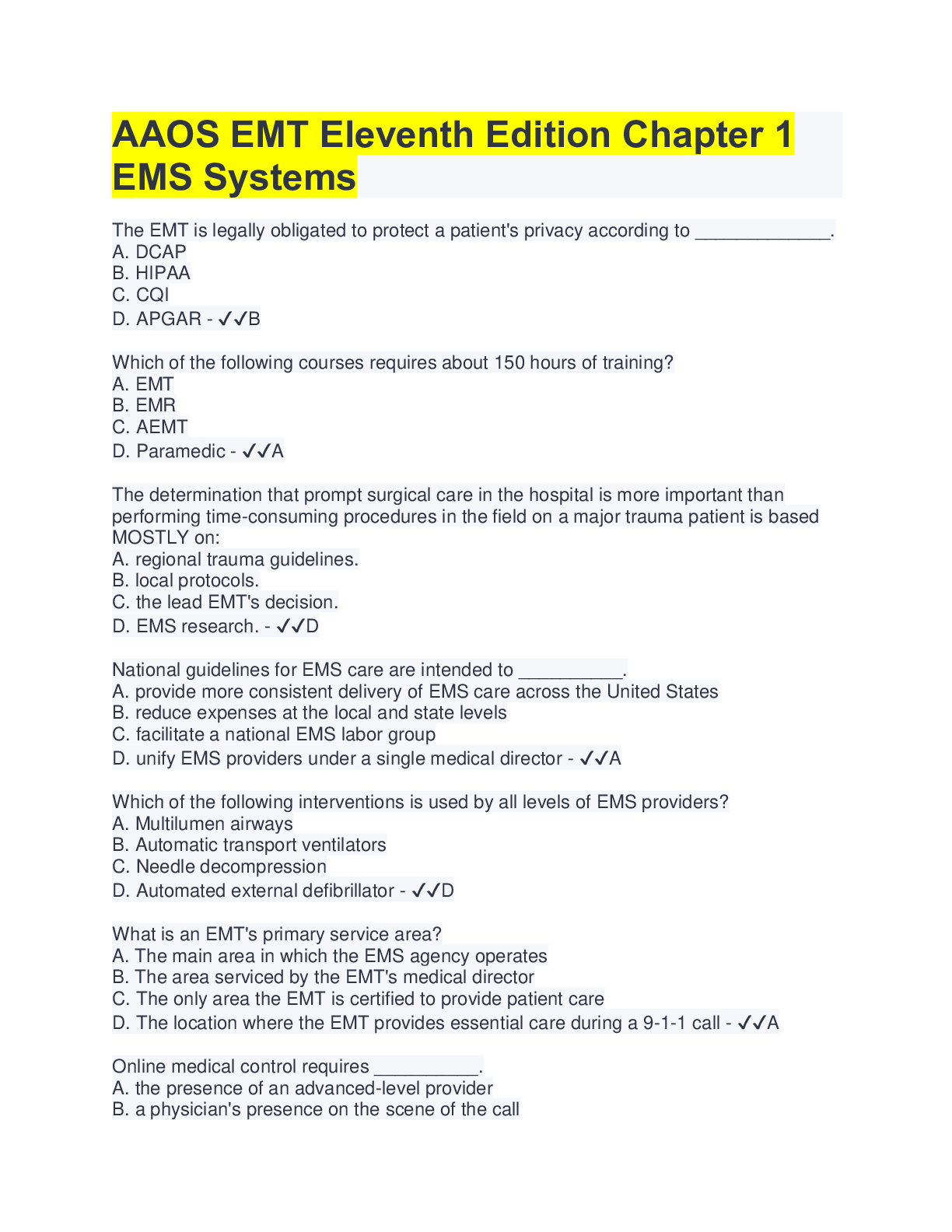 EMS Systems Chapter 1 Answers and Study Guide