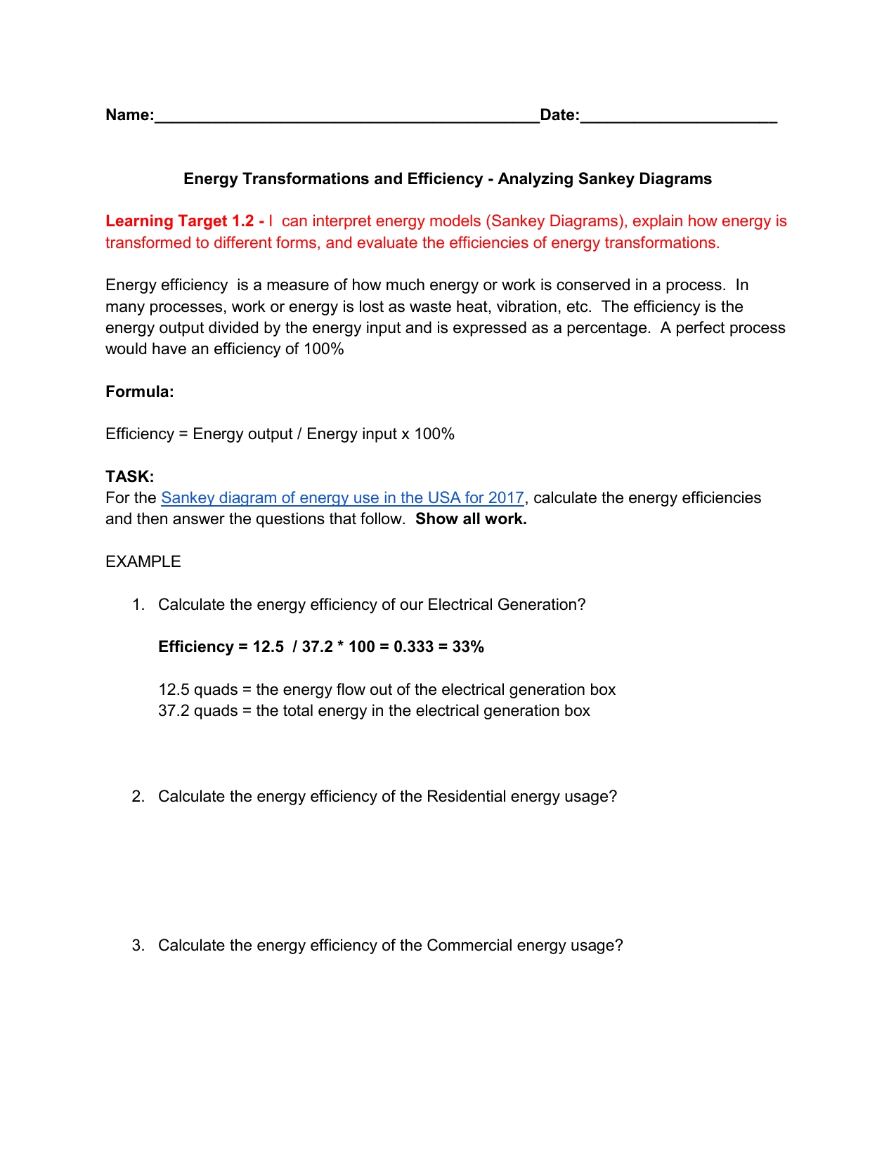 Energy Transformation Worksheet Answers