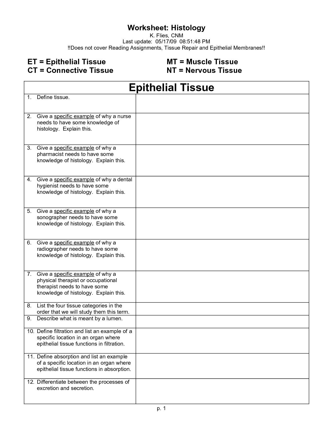 Epithelial Tissue Worksheet Answer Key