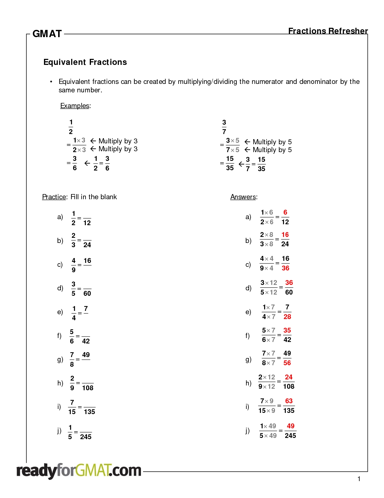 Equivalent Fractions Worksheet Answers