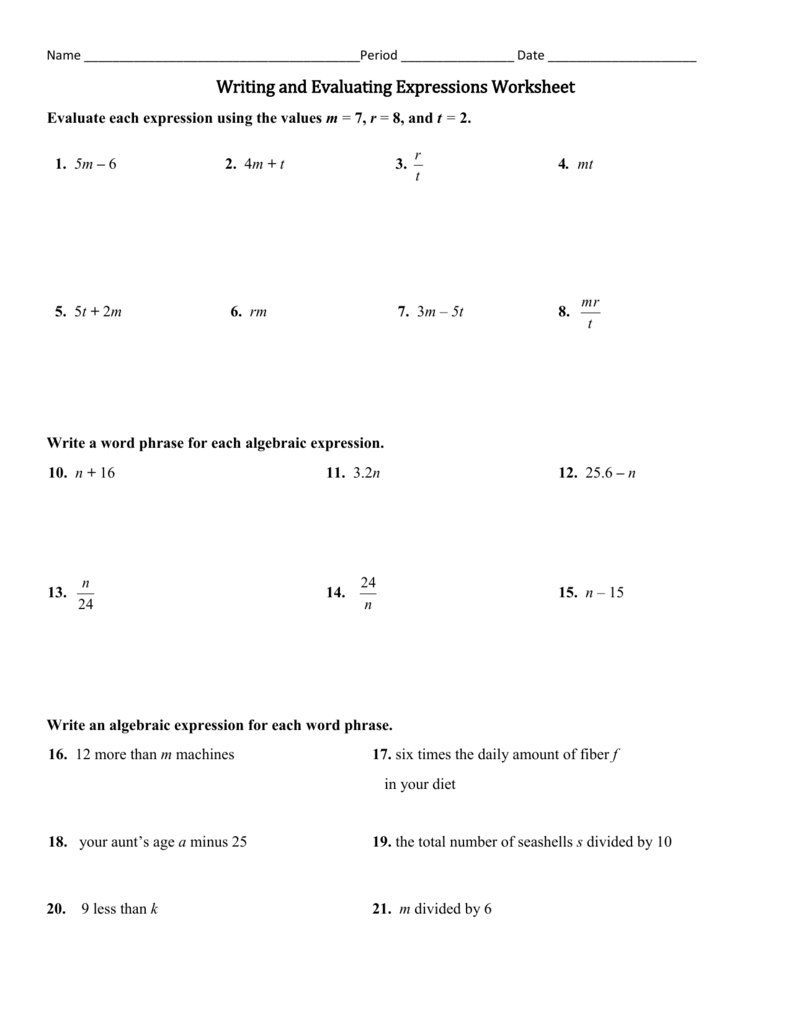 5 Ways to Evaluate the Expression Worksheet