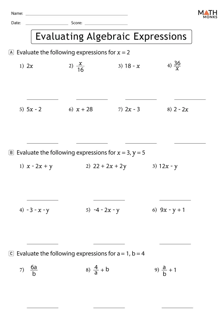 Evaluating Expressions Worksheets Pdf