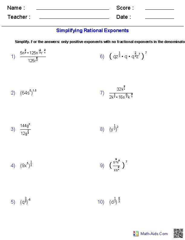 Exponent Worksheet