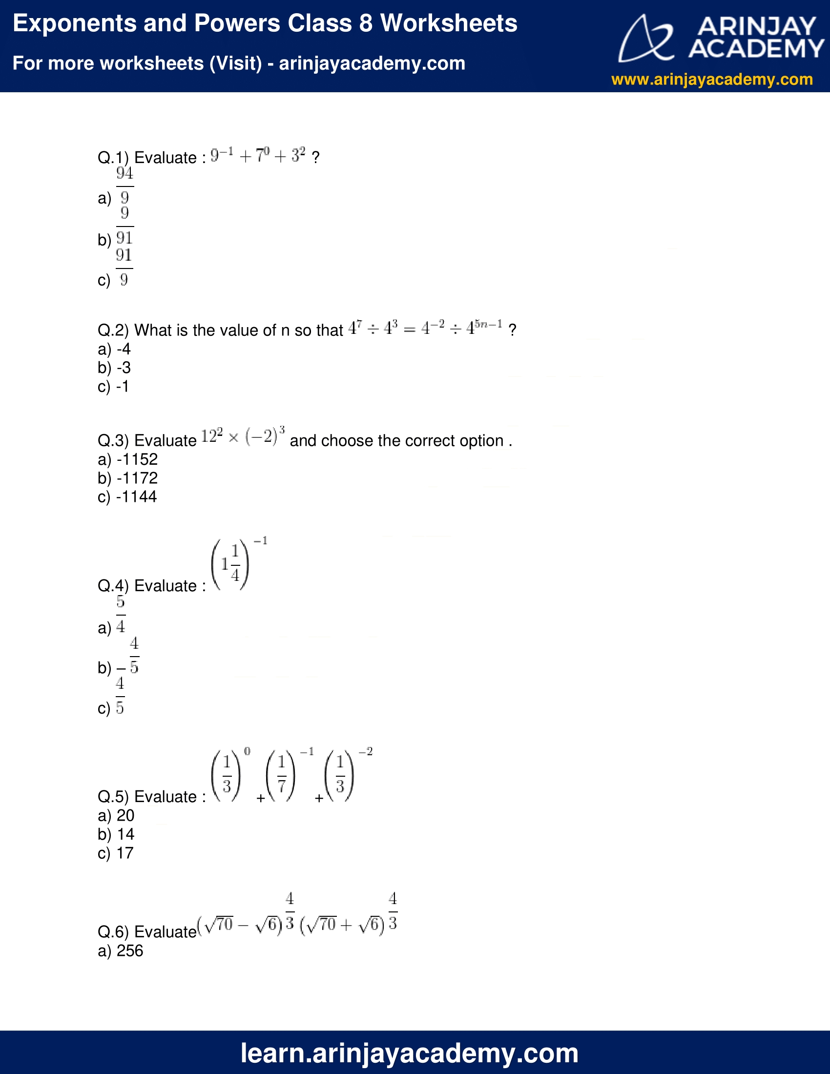 Exponents And Powers Class 8 Worksheets Free And Printable Maths