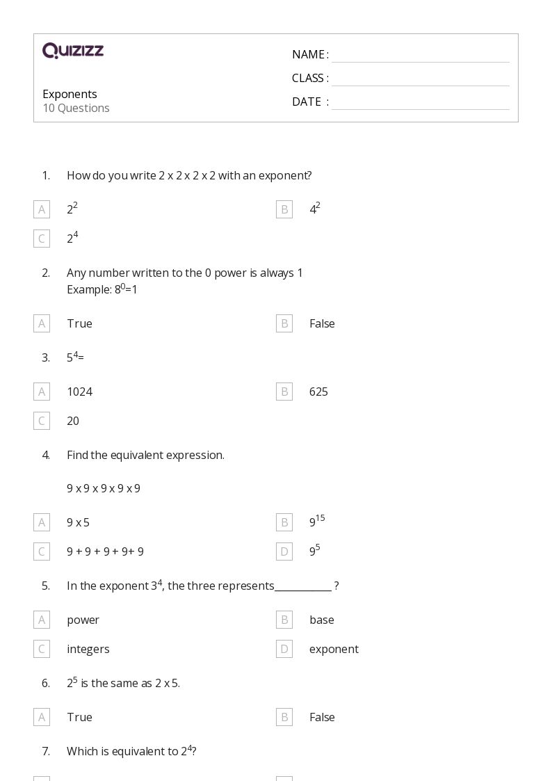 Exponents Worksheets Grade 7 Pdf