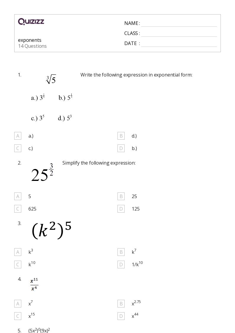 Exponents Worksheets Pdf With Answers