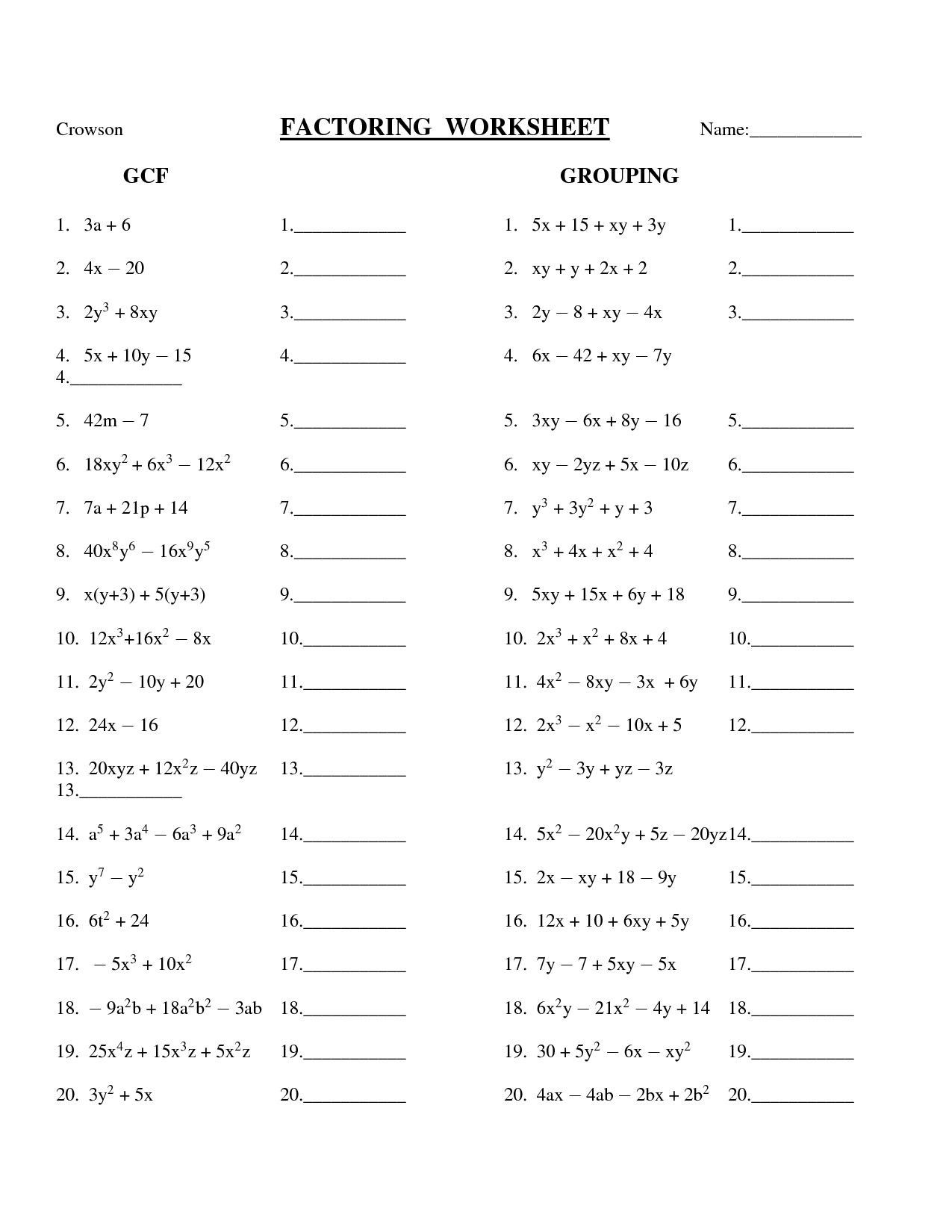 Factoring Polynomials Using Gcf Worksheet