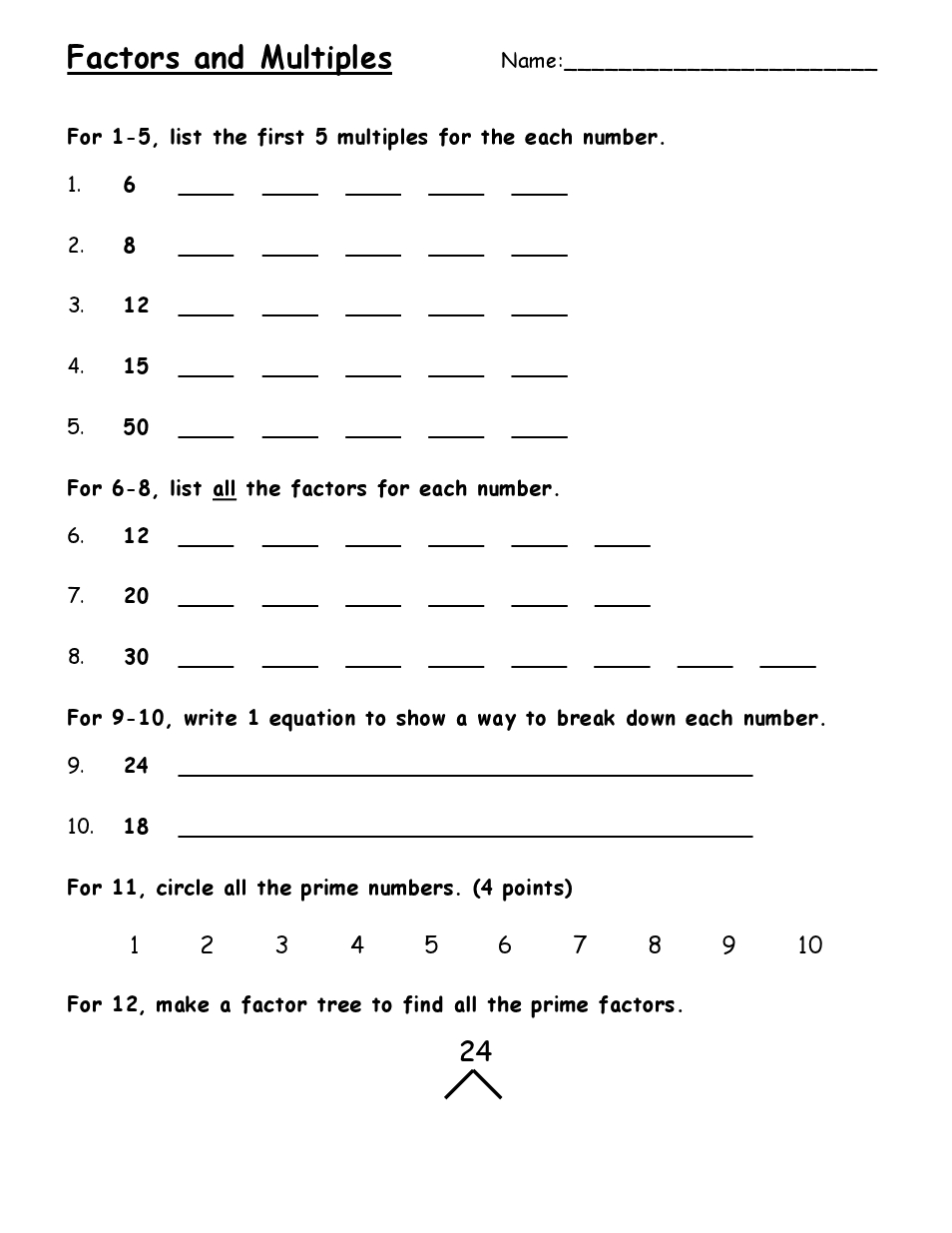 Factors and Multiples Practice Worksheet for Kids