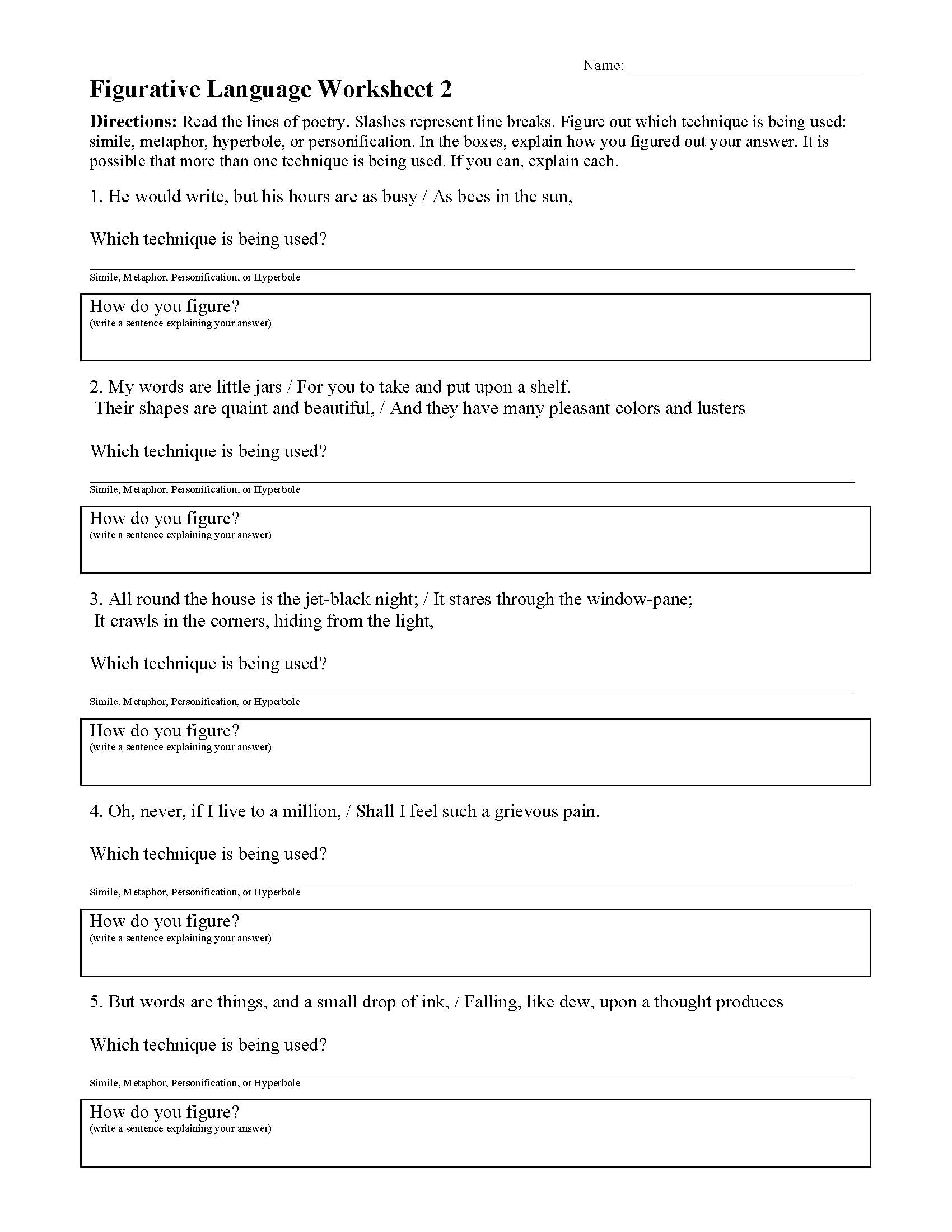 Figurative Language ID Worksheet Answers for Students