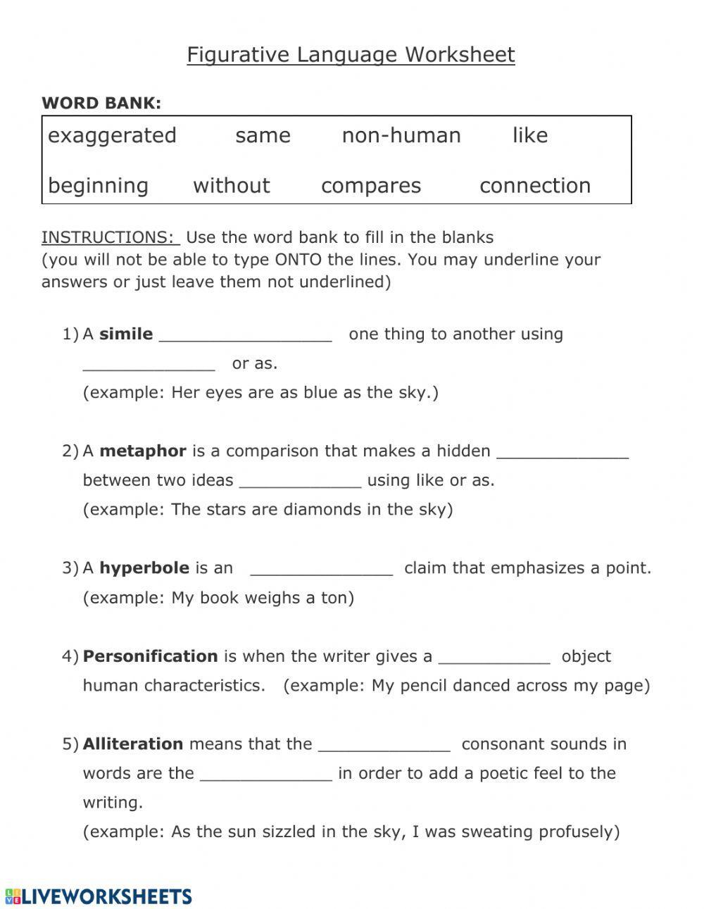 Figurative Language Worksheet 1 Answer Key