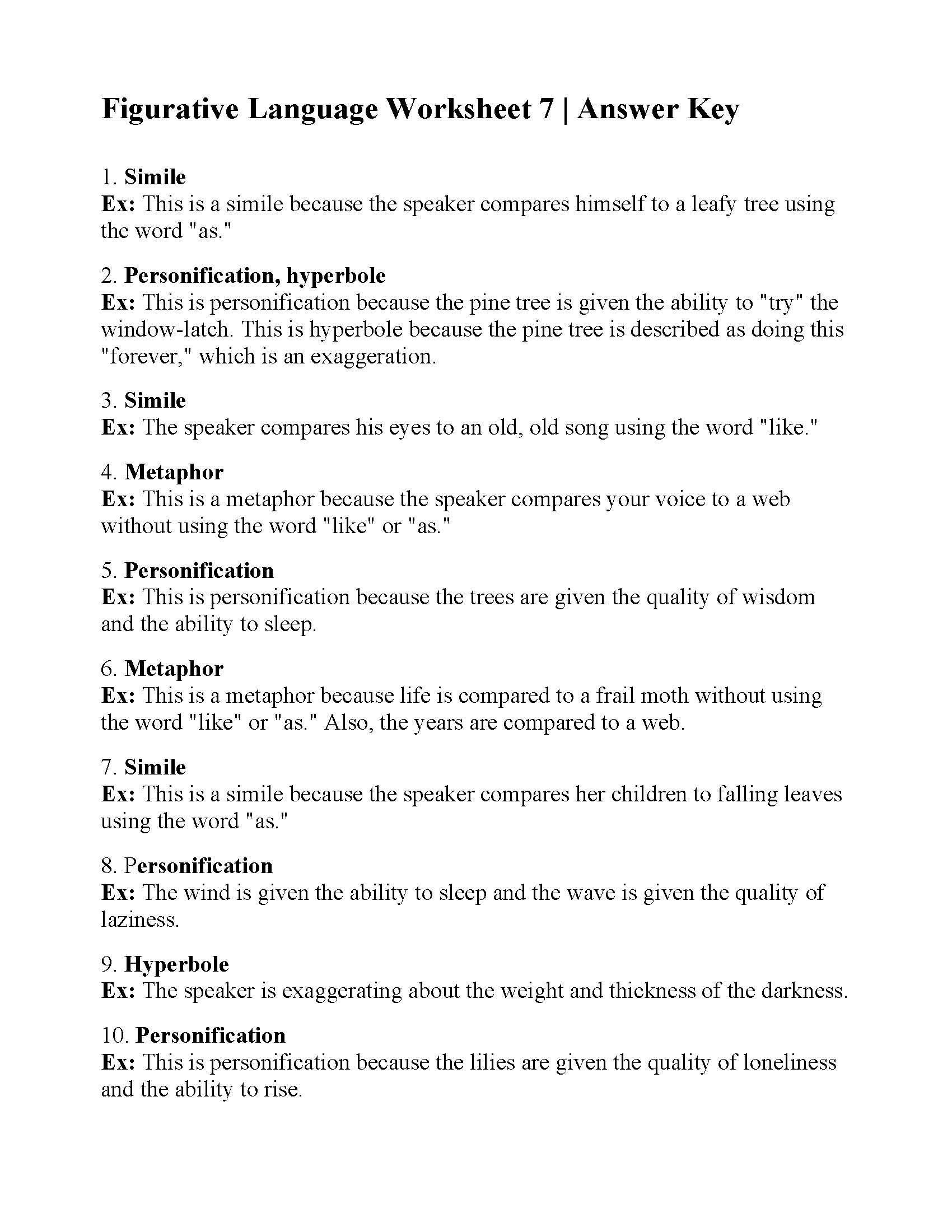 Figurative Language Worksheet 3 Answer Key