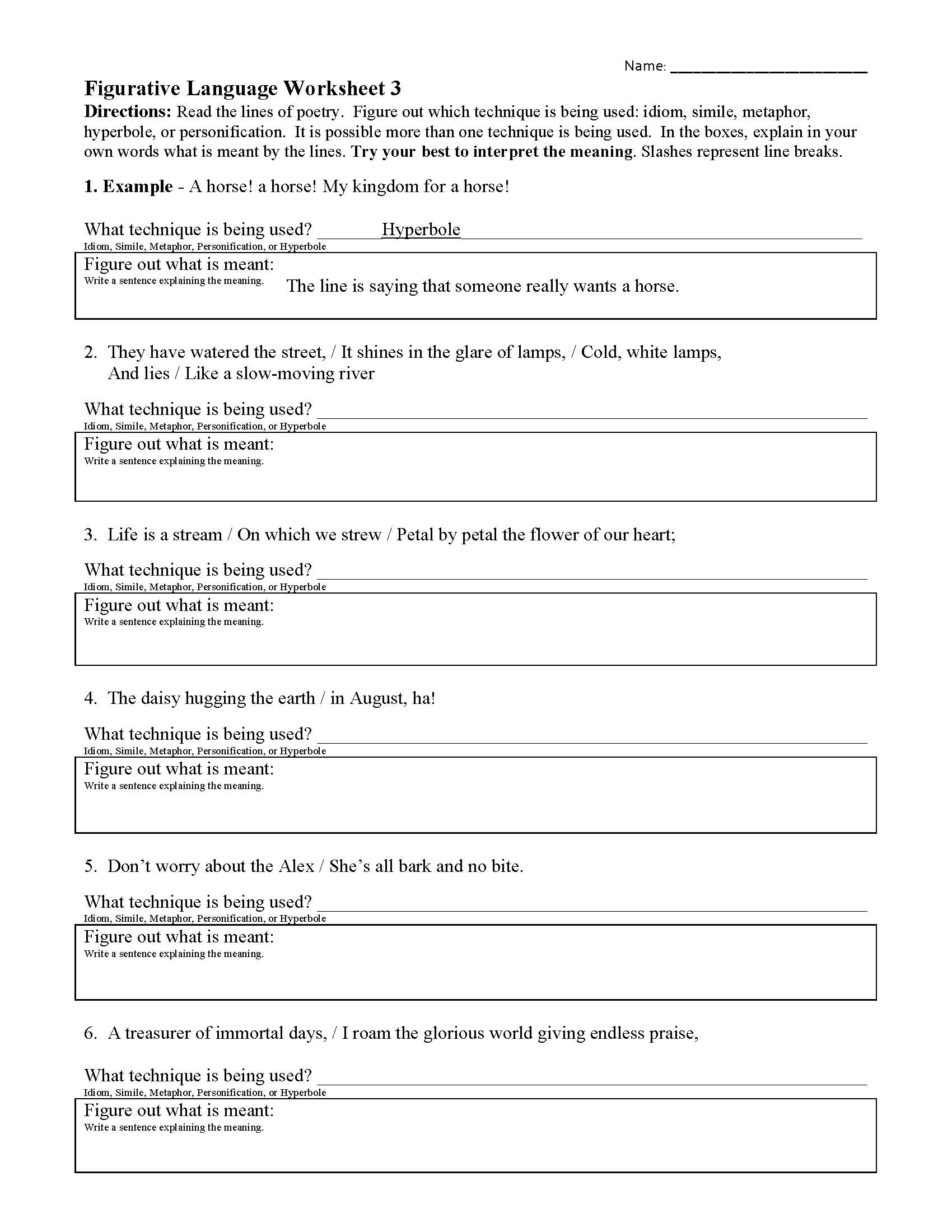 Figurative Language Worksheet 3 Answers and Examples