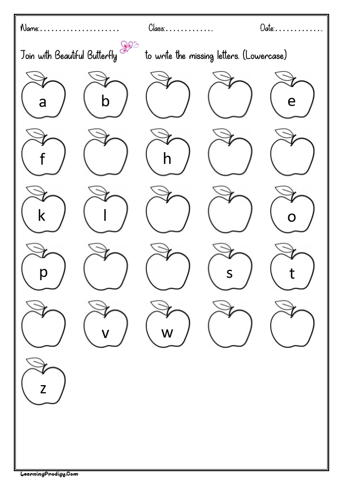 Fill In The Missing Letters English Alphabets Worksheet For Kids Lowercase Learningprodigy