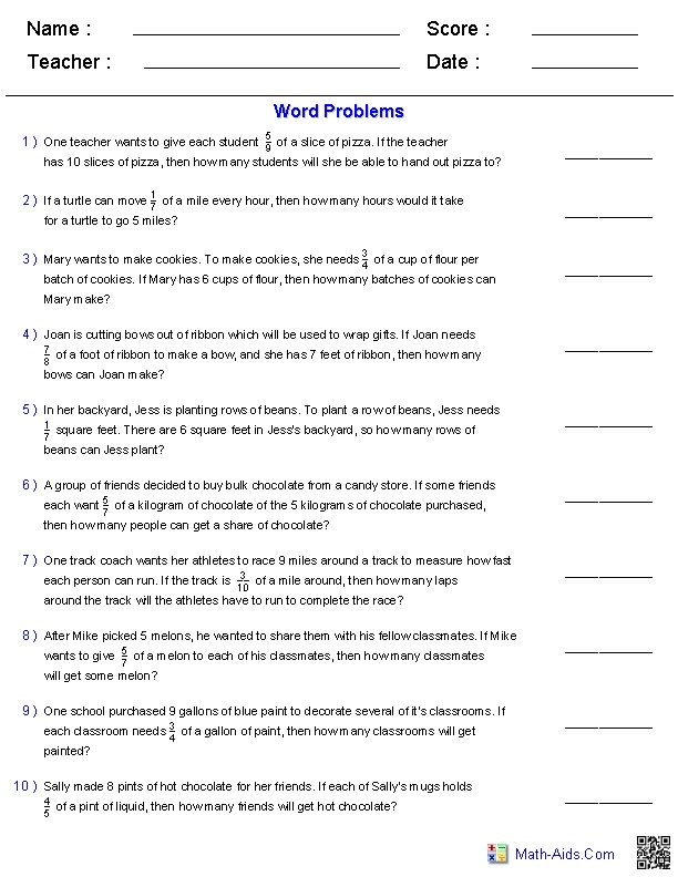 Fraction Story Problems Worksheet