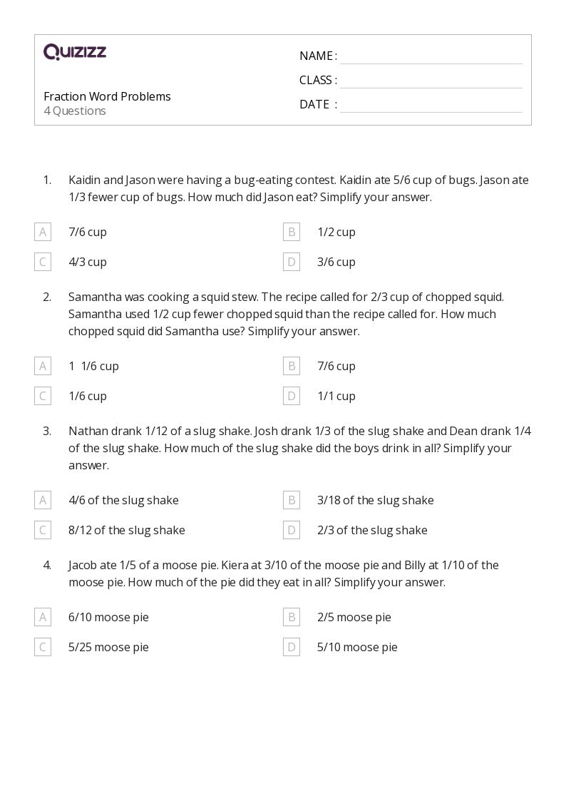 Fraction Word Problems Worksheets for Math Mastery