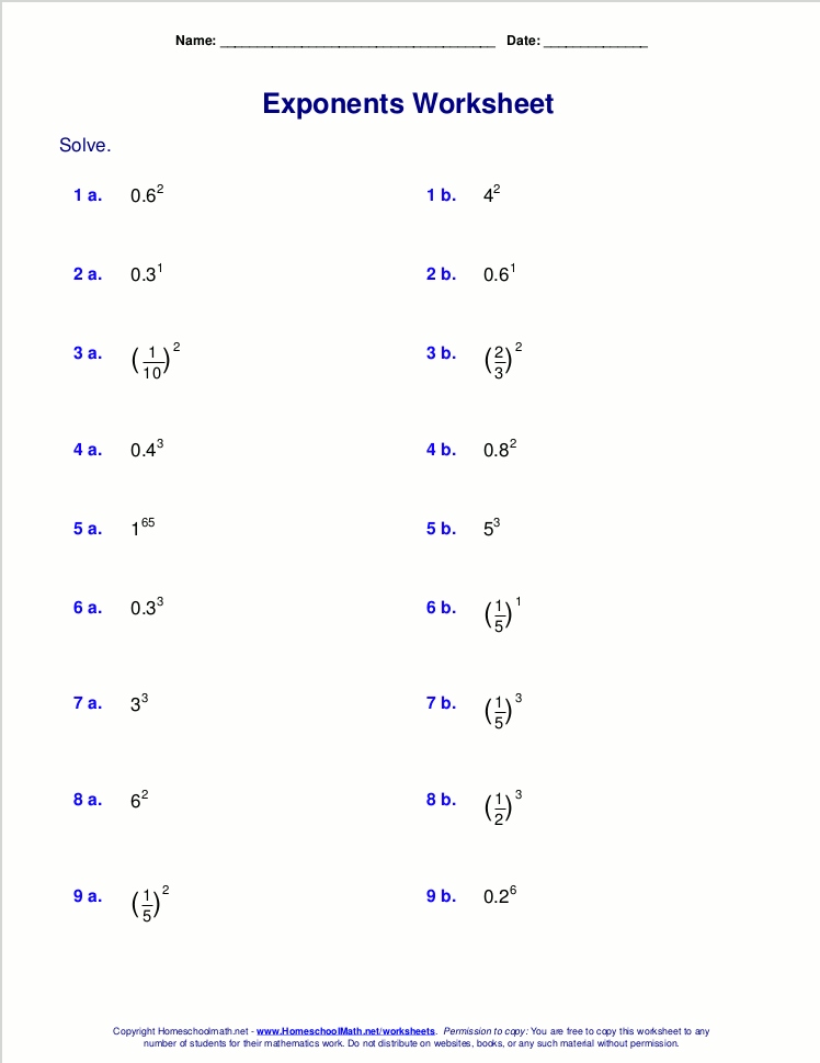 Fractional Exponents Worksheet Printable Online Answers Examples