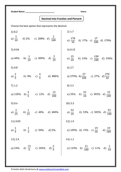 Fractions, Decimals, and Percents Worksheets for Math Mastery