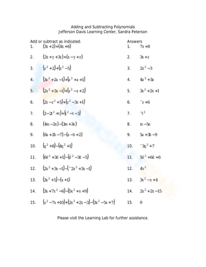 Free Adding And Subtracting Polynomials Worksheets