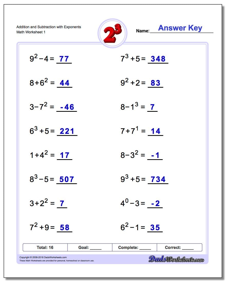 Free Exponents Worksheets