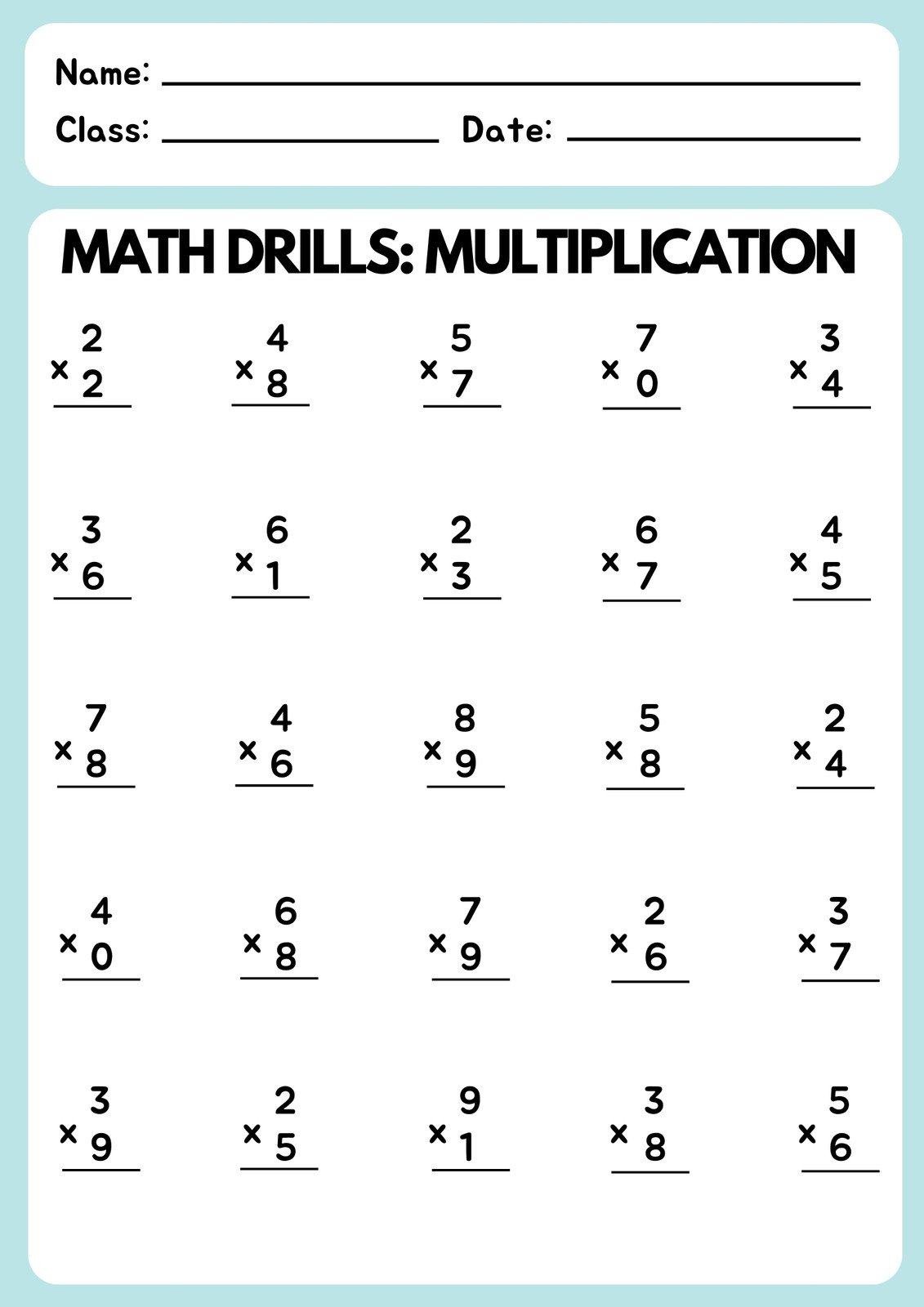 Free Multiplication Worksheets