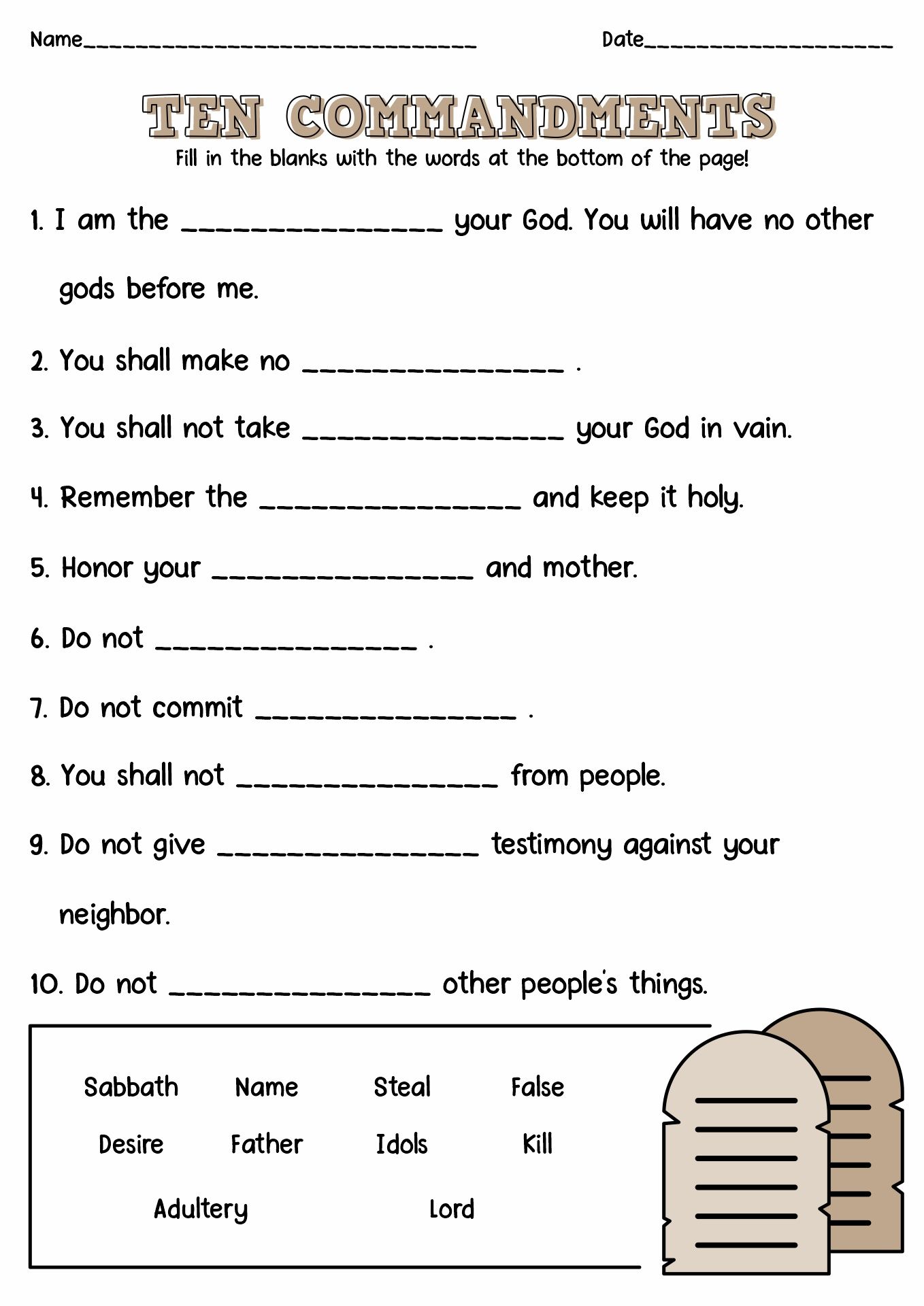 10 Commandments Printable Worksheets for Kids