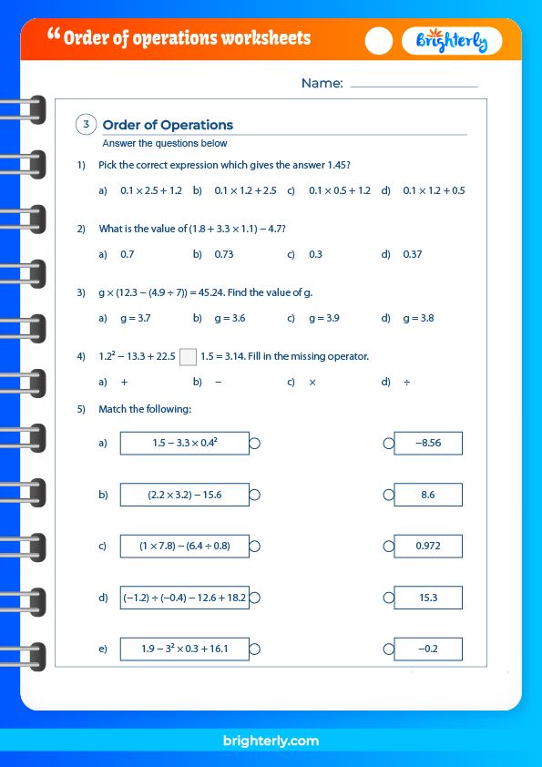 Free Printable 6Th Grade Order Of Operations Worksheets Pdfs