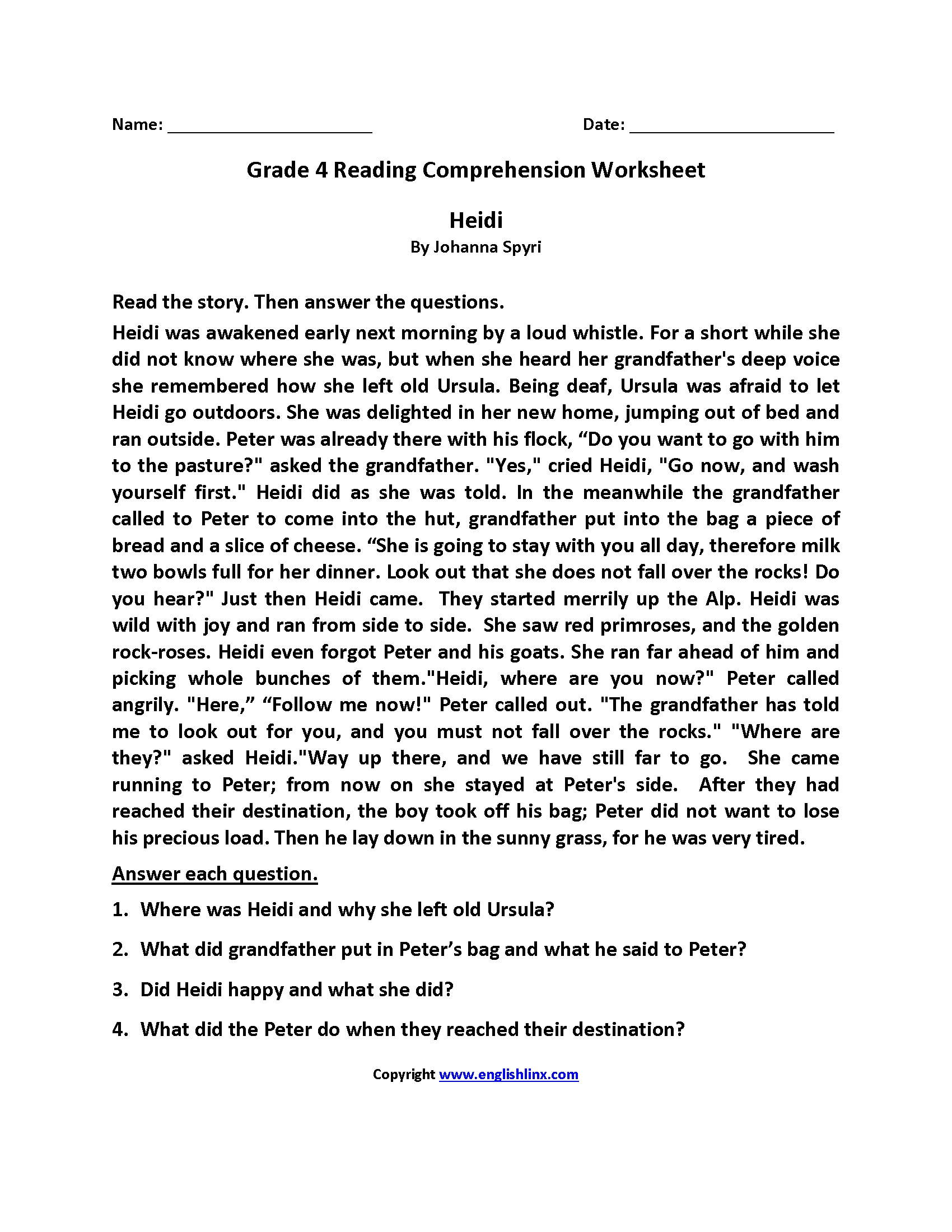 Free Printable Fourth Grade Reading Comprehension Worksheets