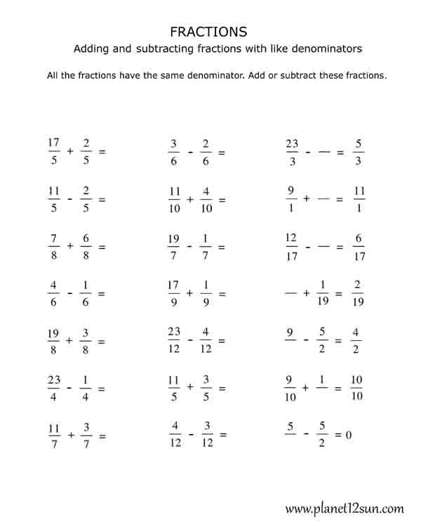 Free Printables For Kids Math Fractions Worksheets Adding And Subtracting Fractions Subtracting