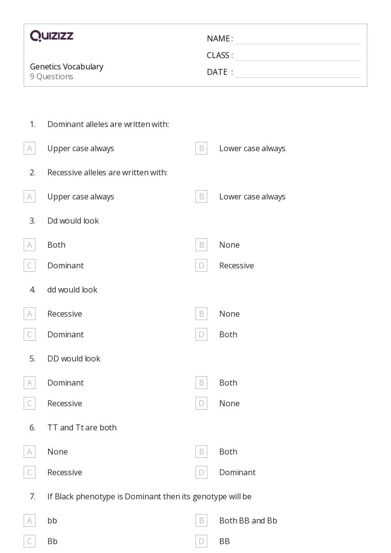 Genetics Vocabulary Worksheet Answer Key