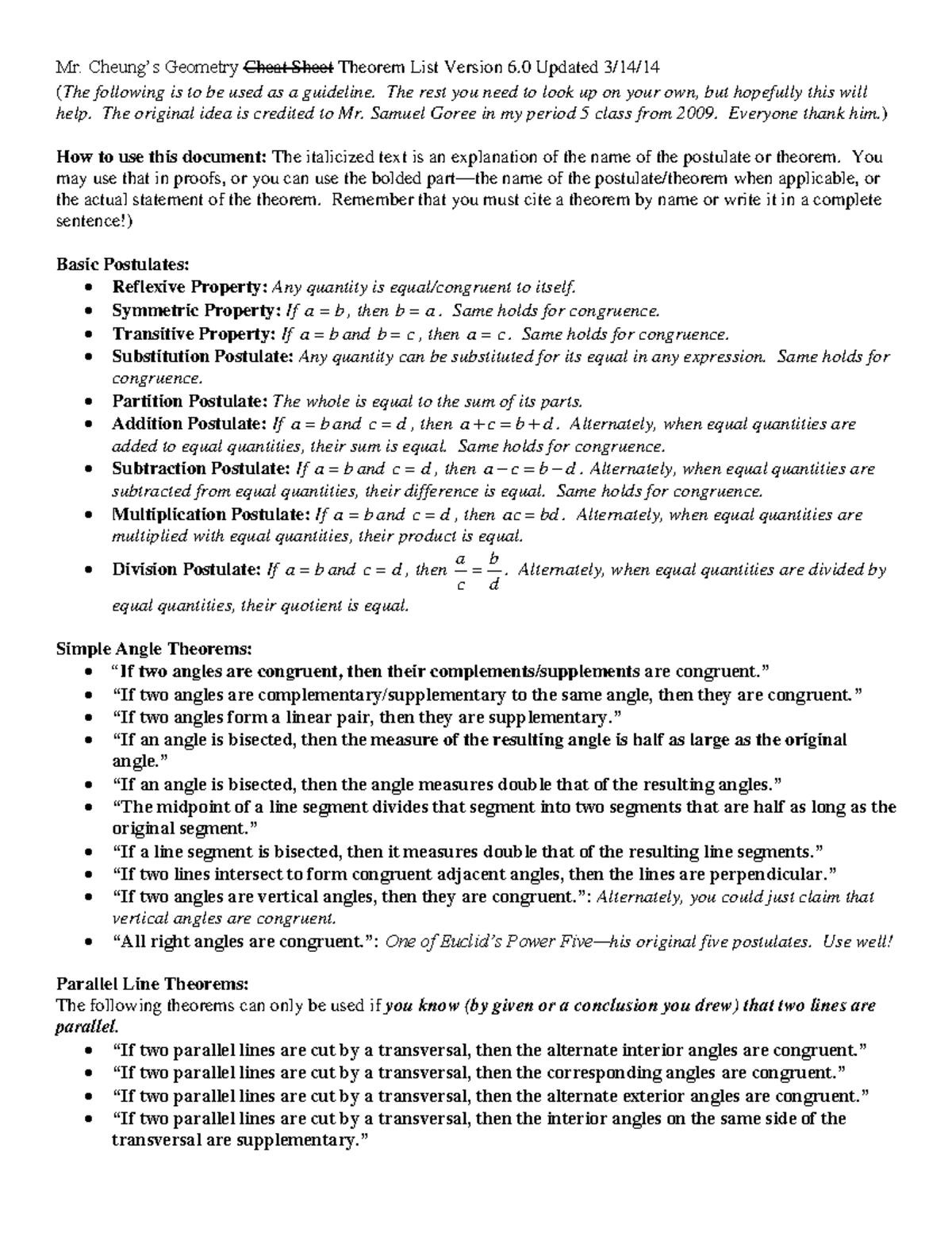 Geometry Theorem Sheet Mr Cheung S Geometry Cheat Sheet Theorem List Version 6 Updated 3 14