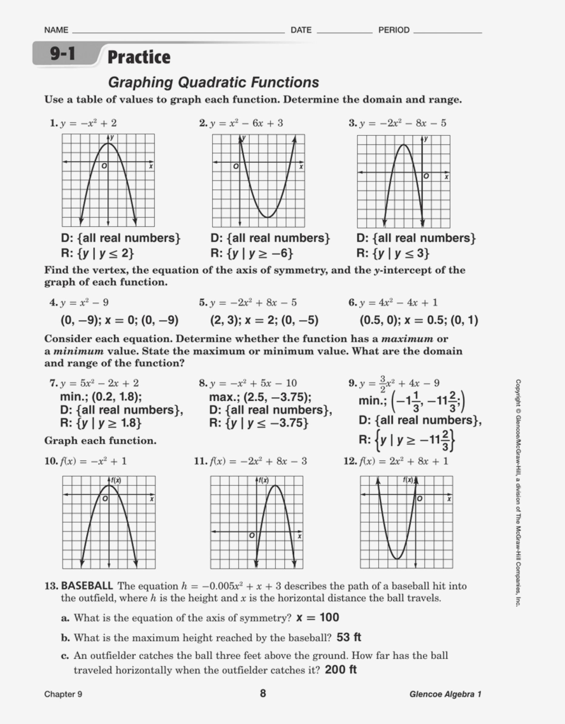 Graphing Quadratic Functions Worksheet Pdf