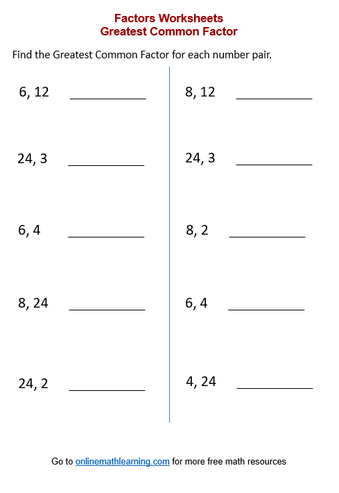 6th Grade GCF Worksheets with 20 Practice Exercises