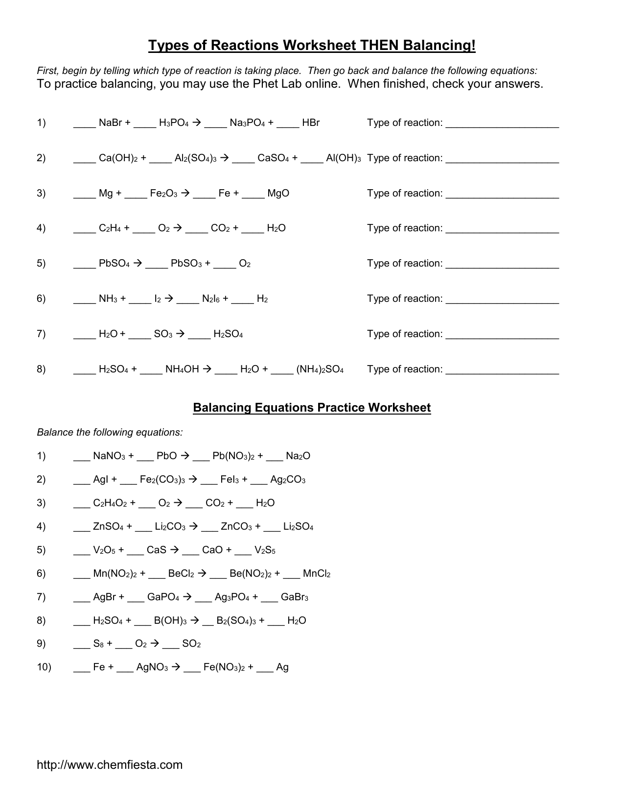 Hard Balancing Equations Worksheet with Answers