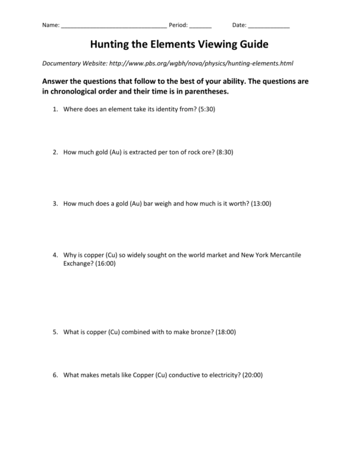 Hunting The Elements Worksheet Name Victoria Melendez Date 10 14 19 Period 2 Nova Hunting