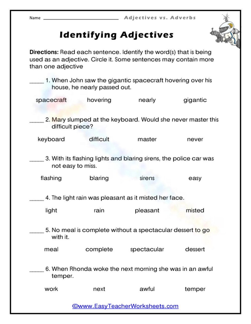 Identifying Adjectives Worksheet for Kids and Teachers