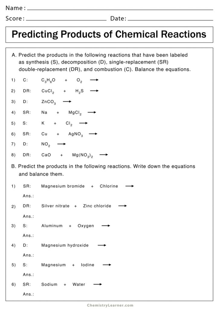 Identifying Chemical Reactions Worksheet Answers