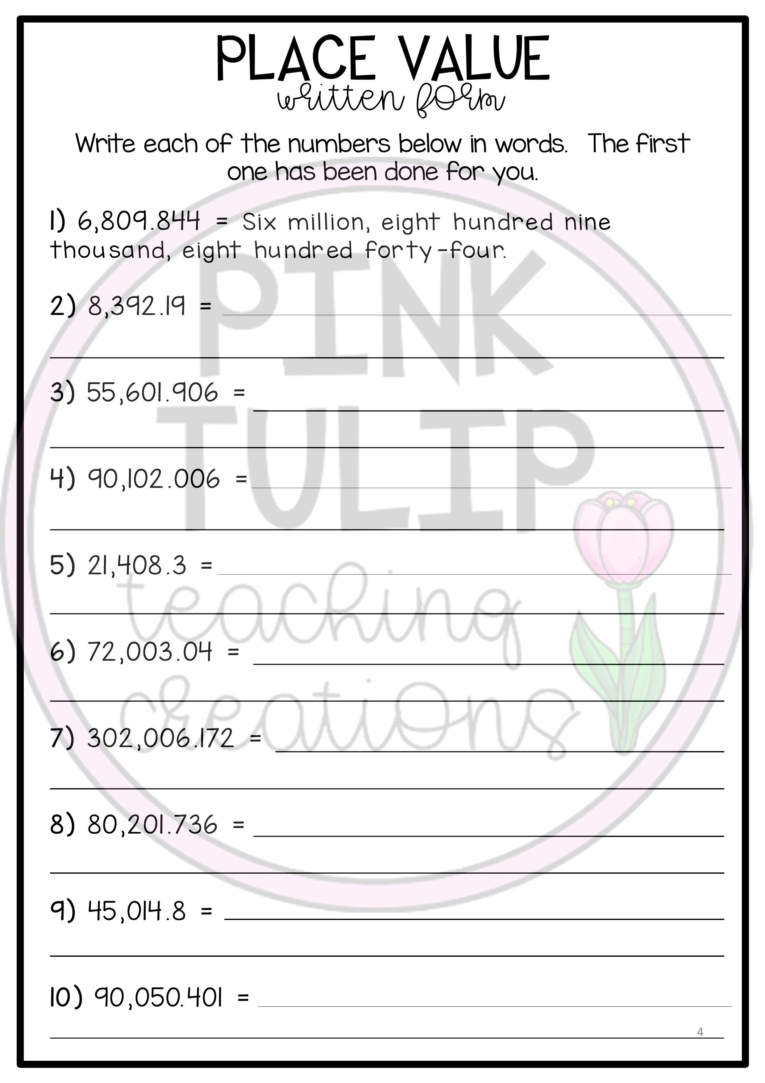 Identifying Decimal Place Value Worksheets