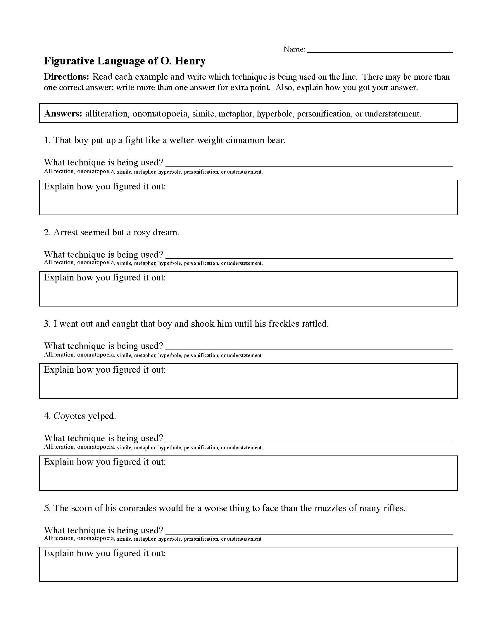 Identifying Figurative Language Worksheet 2 Answers Language Worksheets