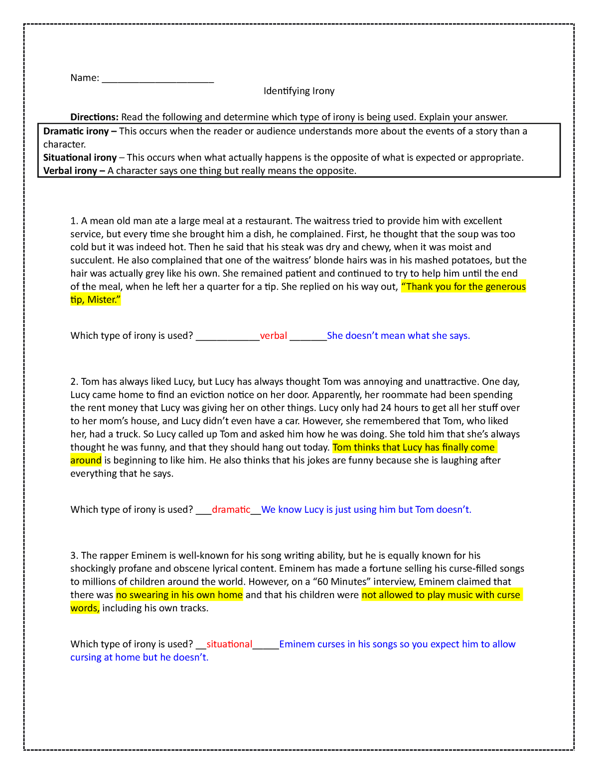 Irony Worksheet Answers: Identify Sarcasm and Unexpected Twists