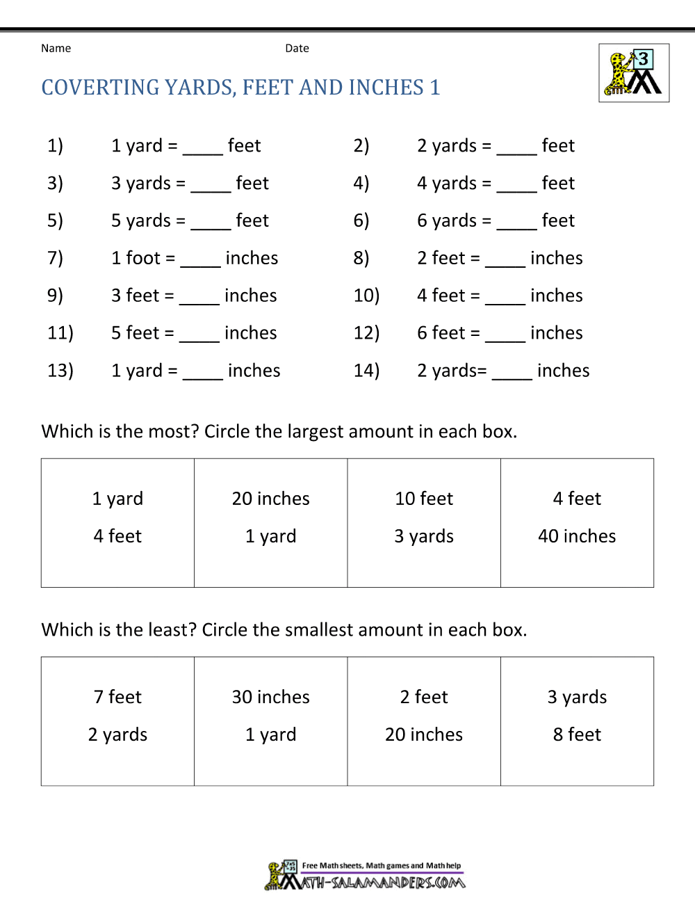 Inches to Feet and Yards Conversion Worksheets