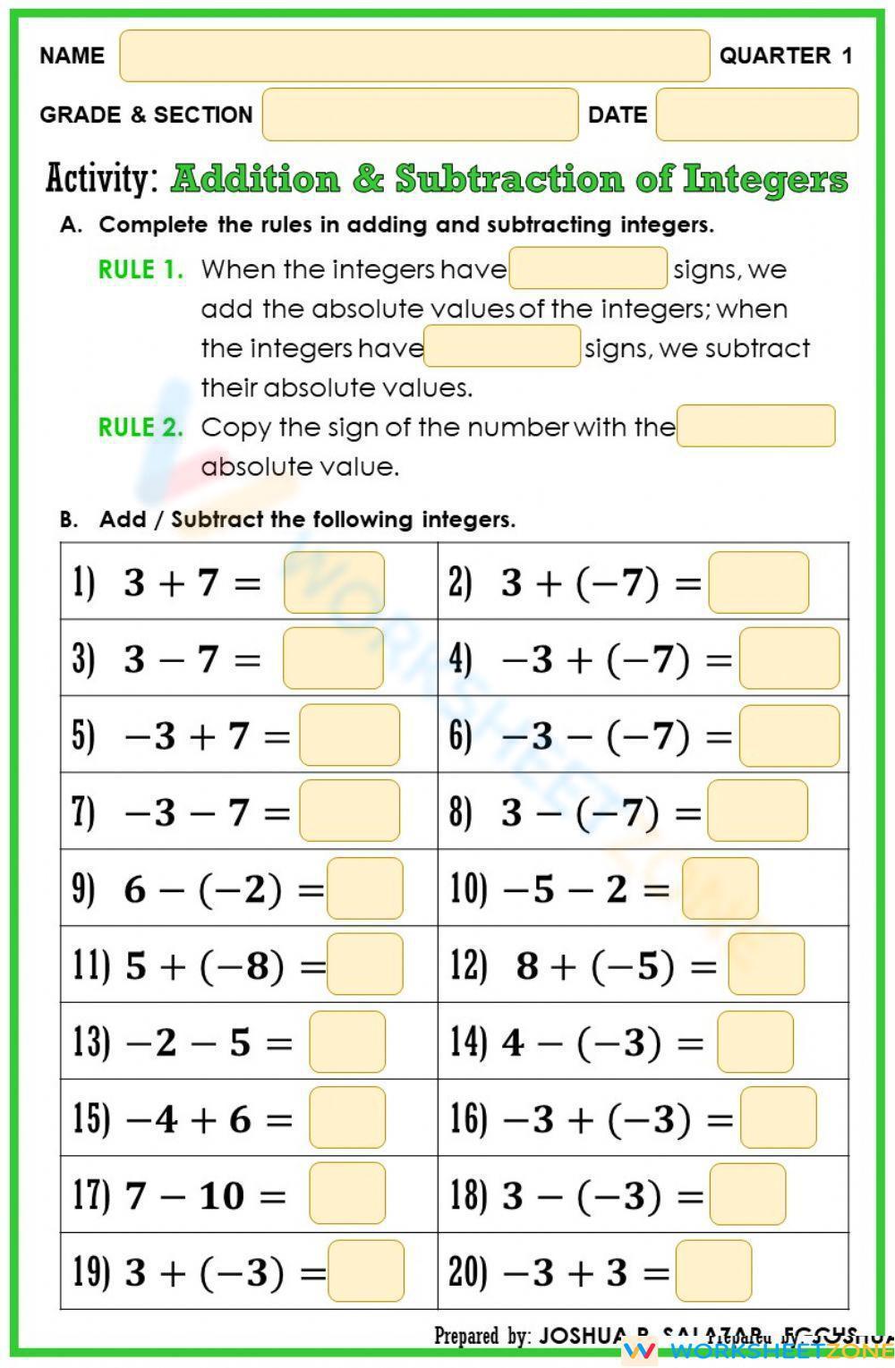 Integer Addition and Subtraction Made Easy