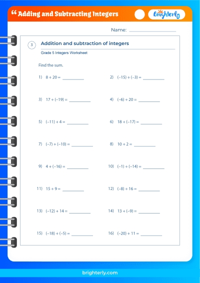 Integers Worksheet Addition And Subtraction