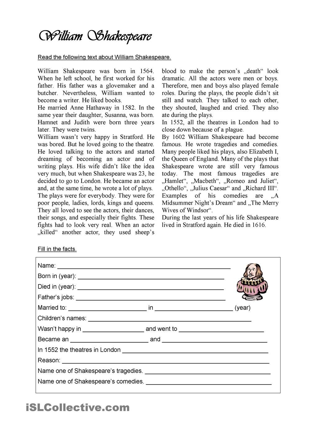 Introducing William Shakespeare Worksheet Answers