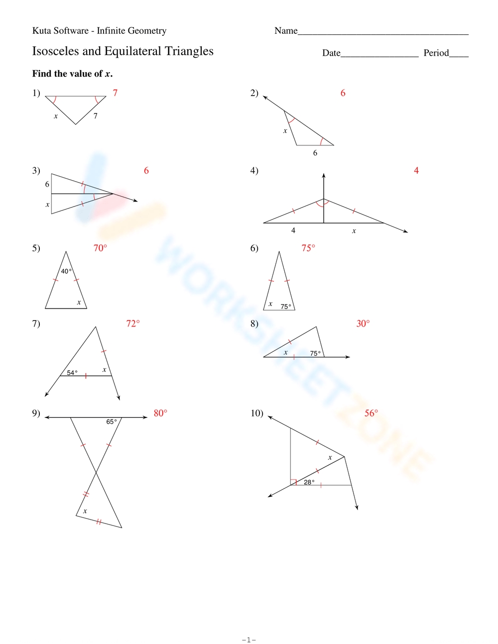 Isosceles and Equilateral Triangles Worksheet Solutions