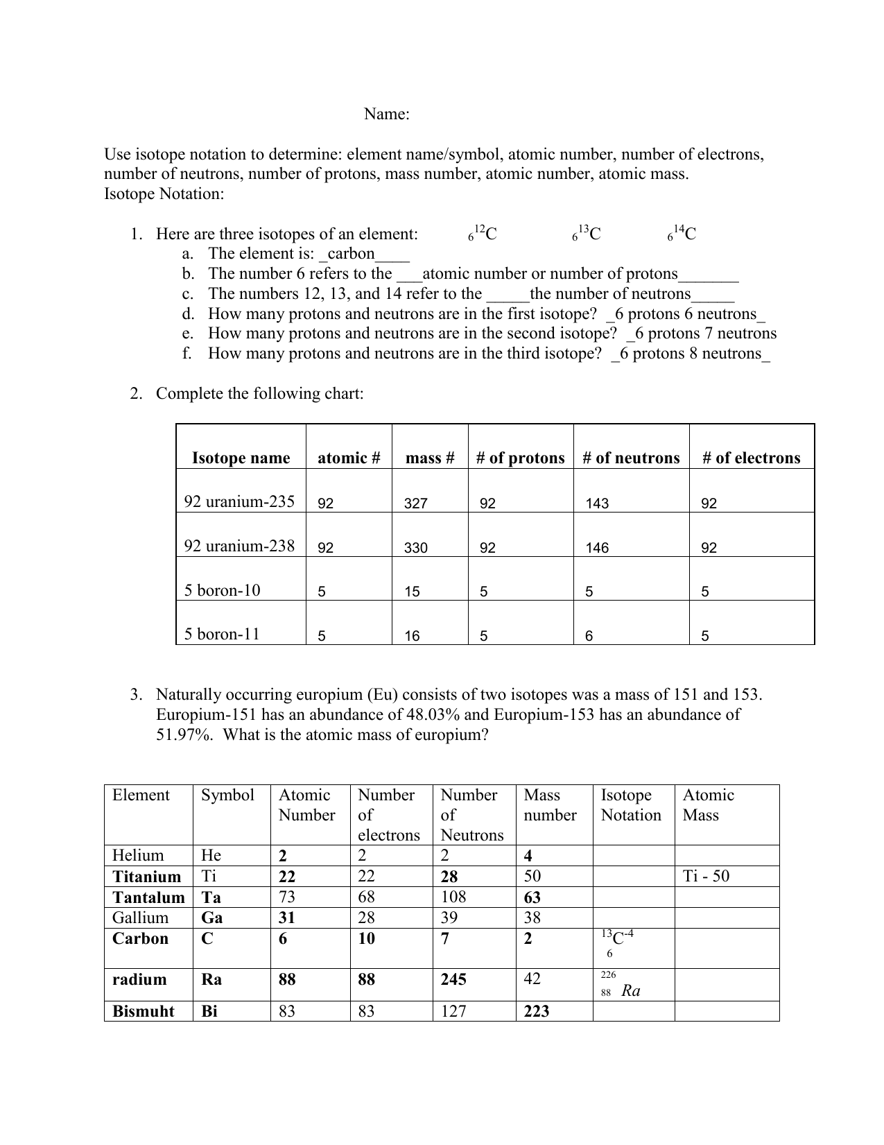 Isotope Worksheet Answers