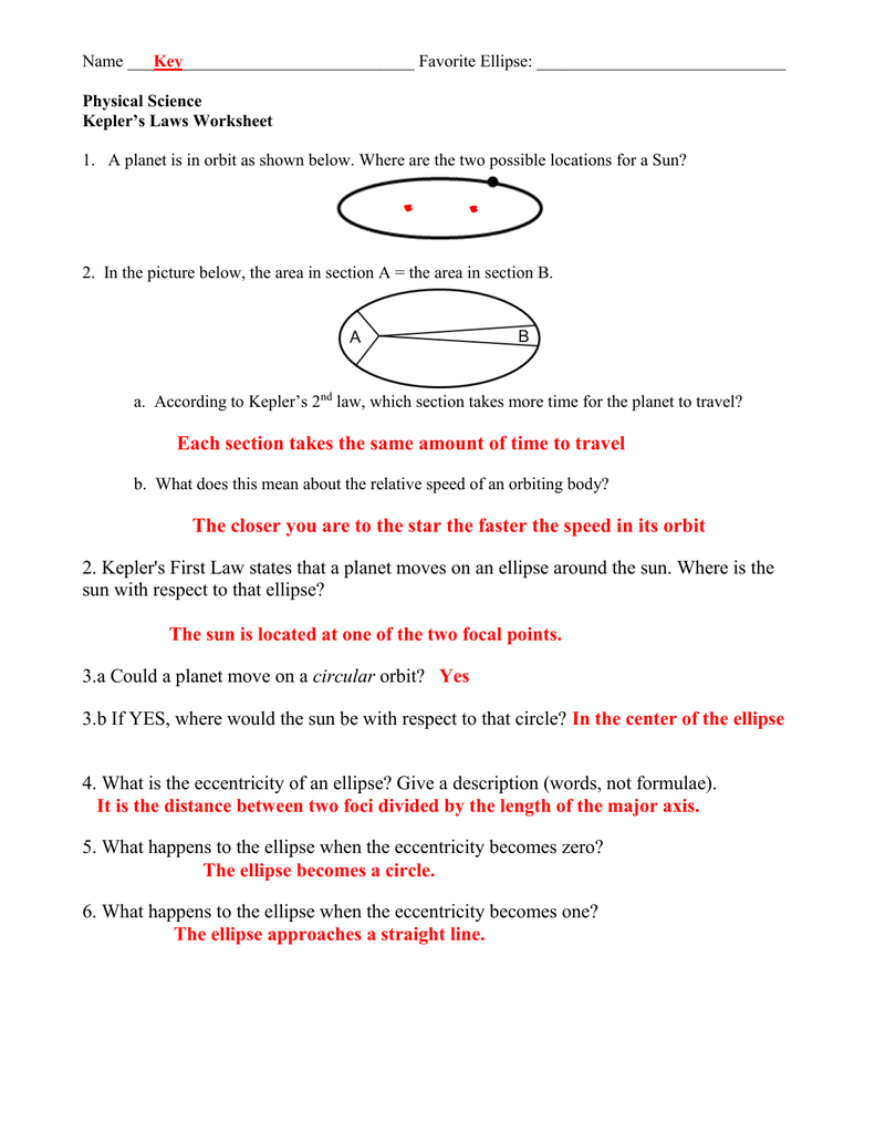 Kepler's 3 Laws of Planetary Motion Worksheet Answers