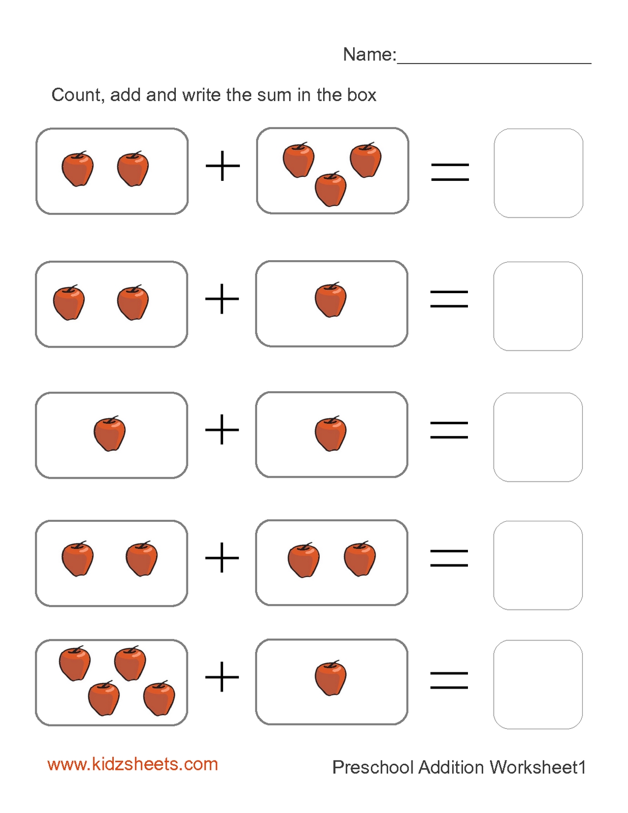 Kidz Worksheets Preschool Addition Worksheet1