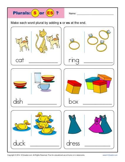 Kindergarten Plural Noun Worksheets S Or Es Plural Nouns Worksheet