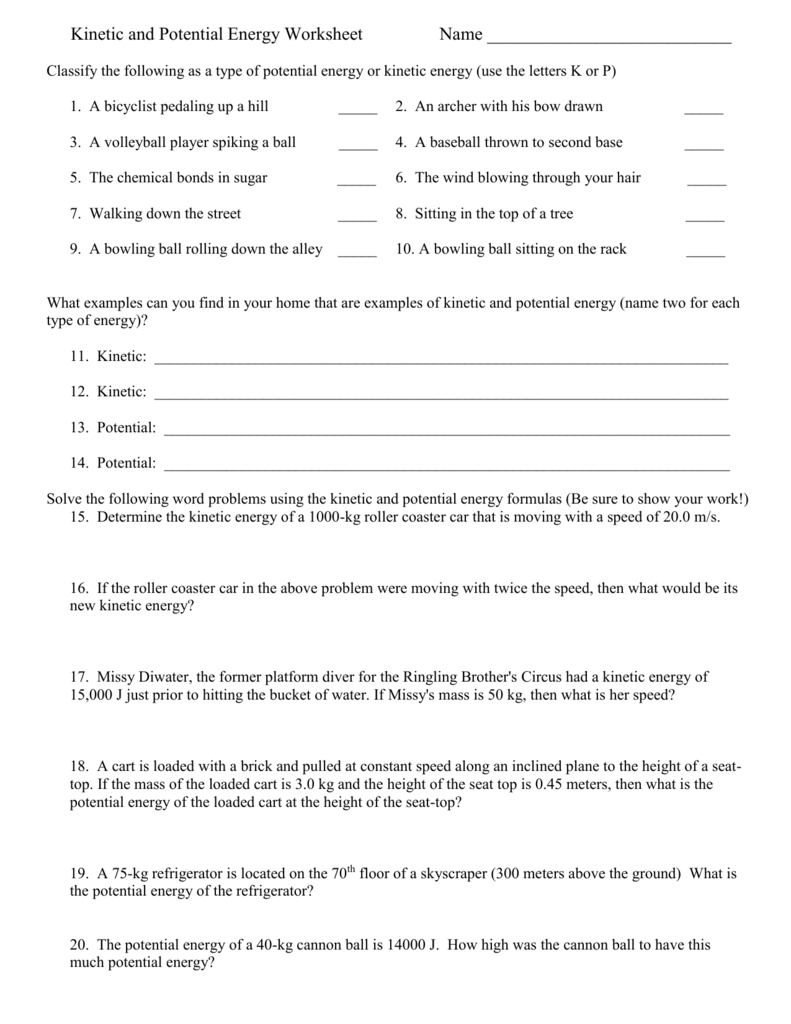 Kinetic and Potential Energy Worksheet Answers